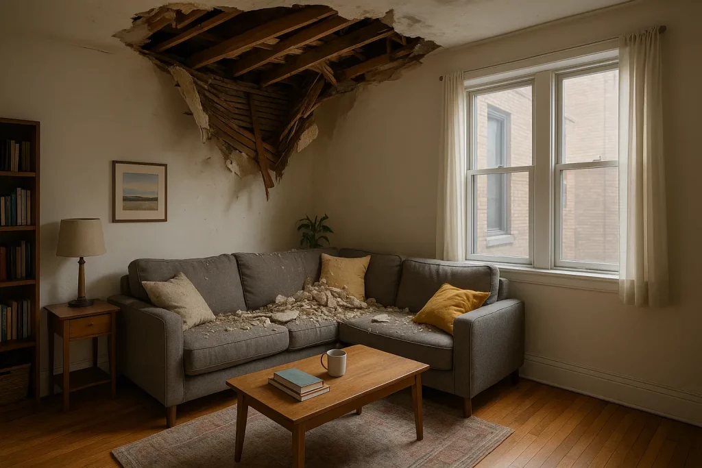 Image showing a ceiling collapse that injured a tenant