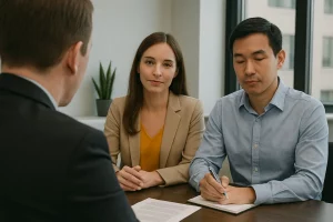 Chicago attorney talking to a male and female client