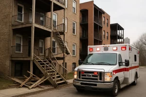 Ambulance in front of a collapsed porch