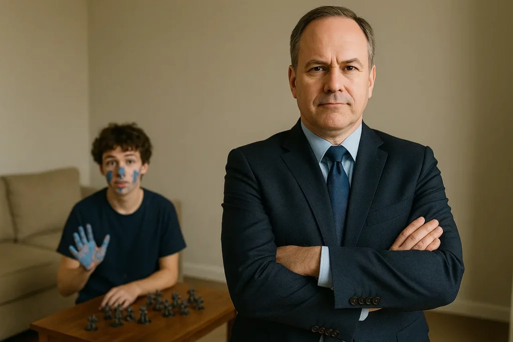 Landlord in foreground with kid painting in background