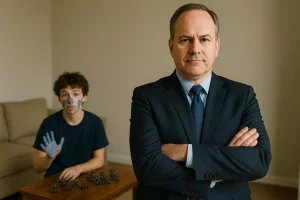 Landlord in foreground with kid painting in background