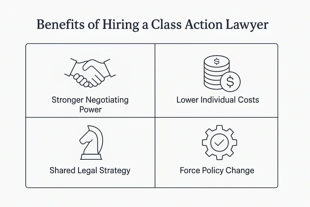 Icons representing the benefits of hiring a tenant class action lawyer