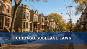 Chicago neighborhood with "Chicago Sublease Laws" overlayed