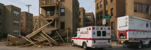 Porch collapse with ambulance in foreground