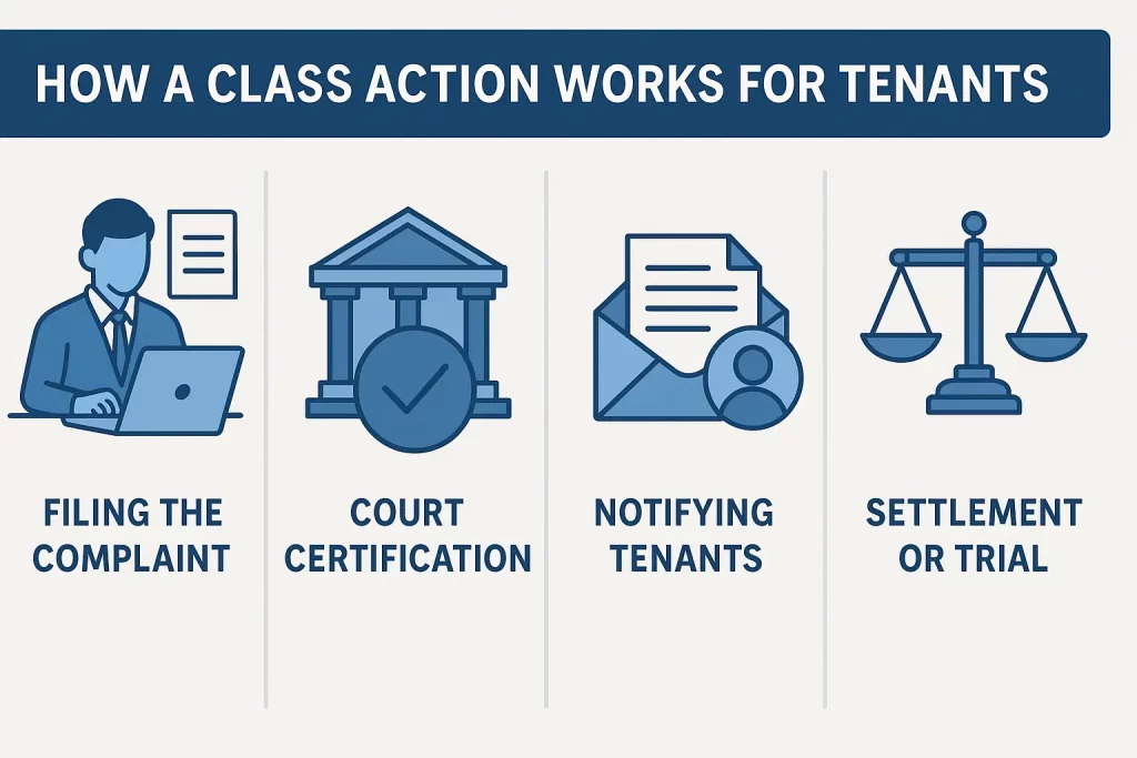 Icons showing how a class action for tenants works in Chicago
