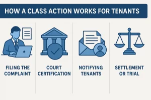 Icons showing how a class action for tenants works in Chicago
