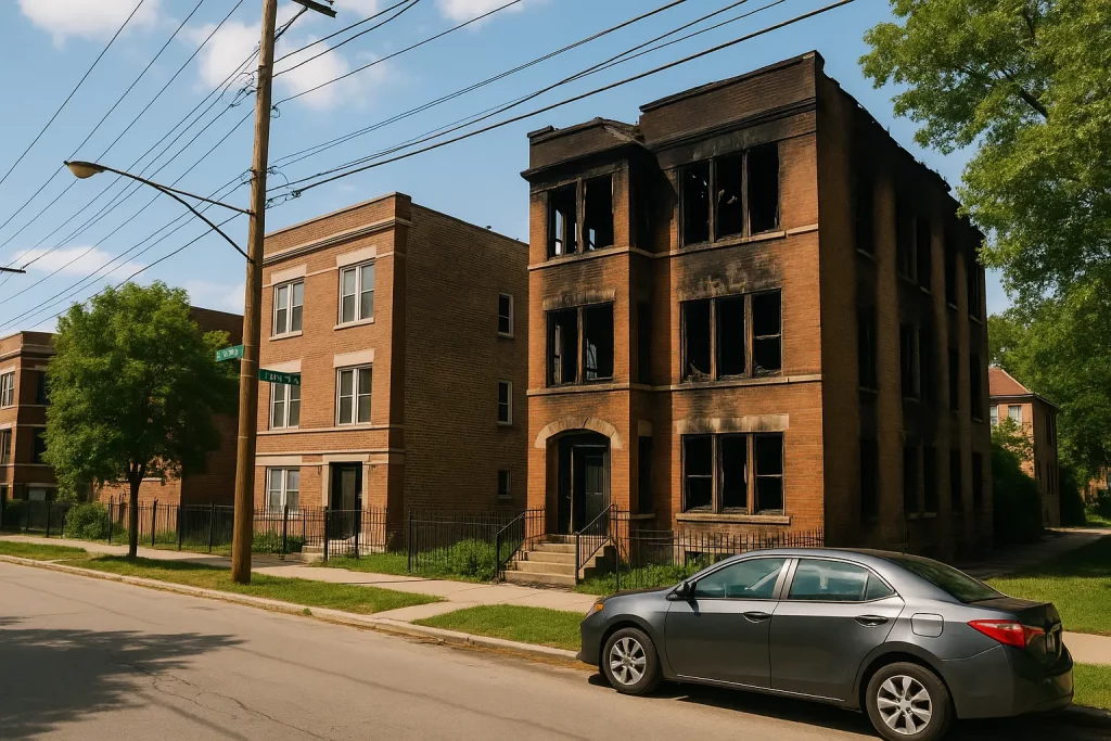 Apartment building with fire damage