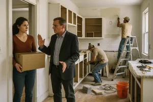 Construction scene in kitchen when tenant trying to move in