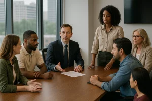 A class action lawyer speaking to a group of tenants in a conference room