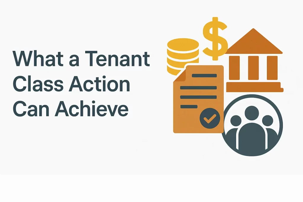 Icons showing what a tenant class action can achieve