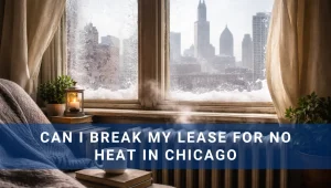 Inside of apartment looking at window at Chicago skyline. Text overlay, Can I break my lease for no heat in Chicago