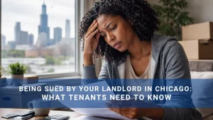 Woman reading a legal complaint with text overlay being sued by your landlord in chicago