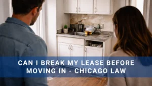 Tenants looking at dirty apartment with can I break my lease in chicago overlaid